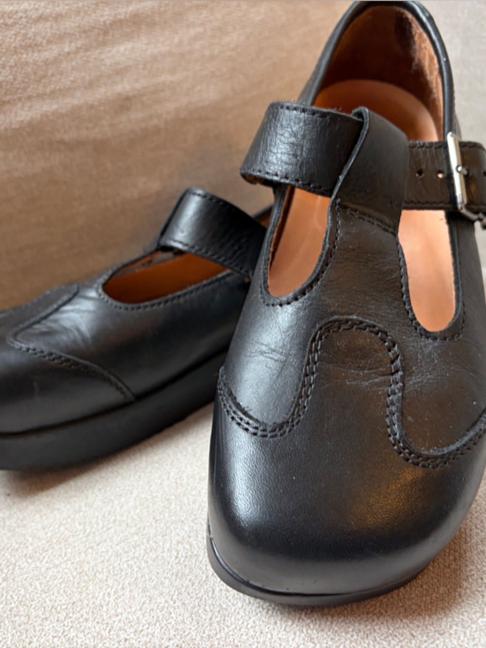 Women's Black Leather T-Strap Flats with Buckle
